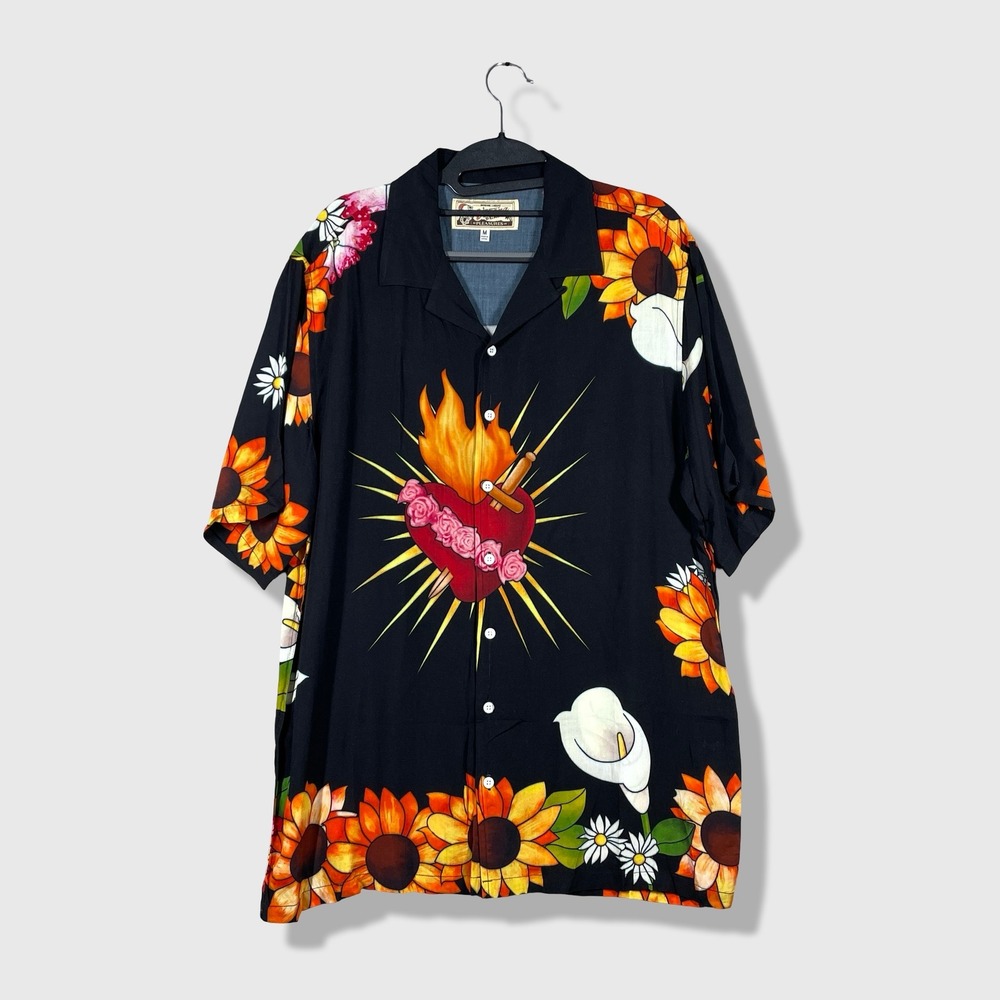 Verona Beach Pleasures Button Up Shirt Mens M Black Floral Sacred Heart Vacation